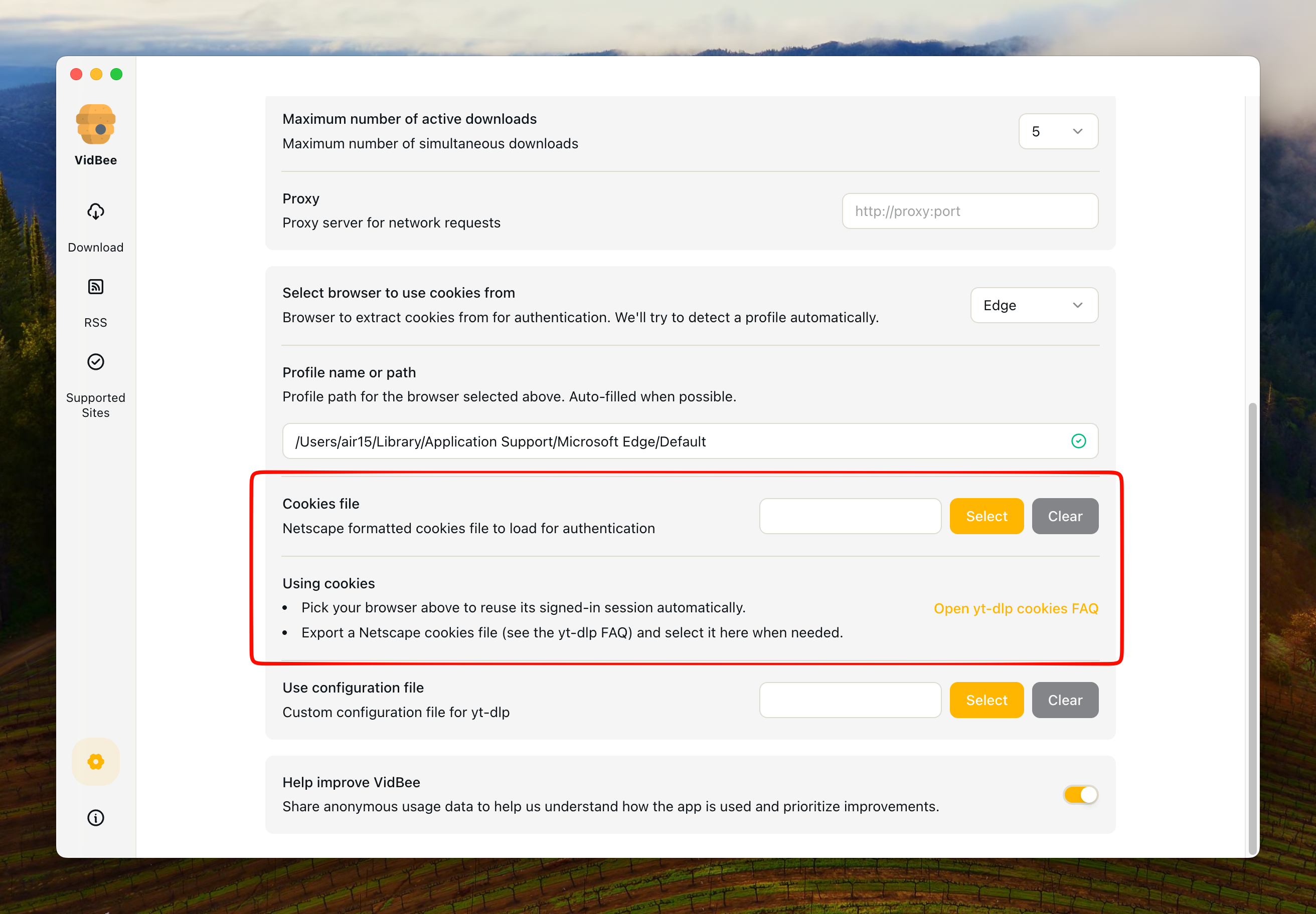 Cookies file settings